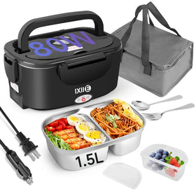 IXIIE electric lunch box with dual compartments keeps meals separate.