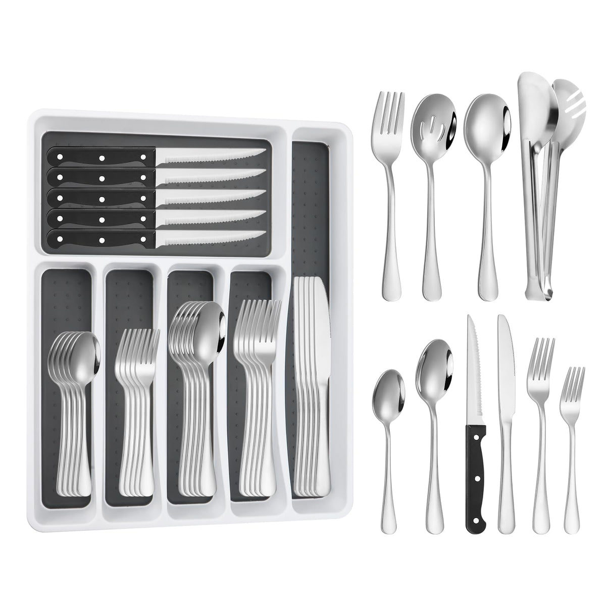 Izurok 53Pcs silverware set with a drawer organizer for easy kitchen storage.