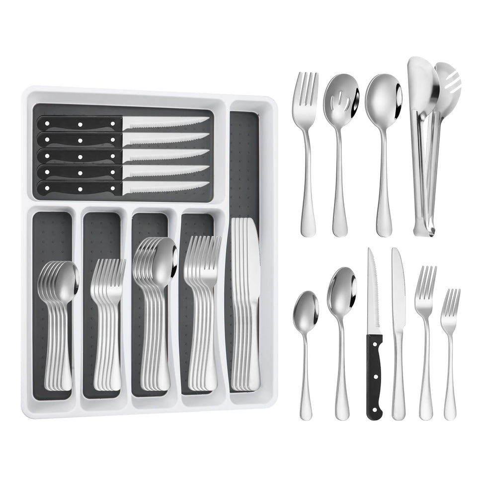 Izurok 53Pcs silverware set with a drawer organizer for easy kitchen storage.