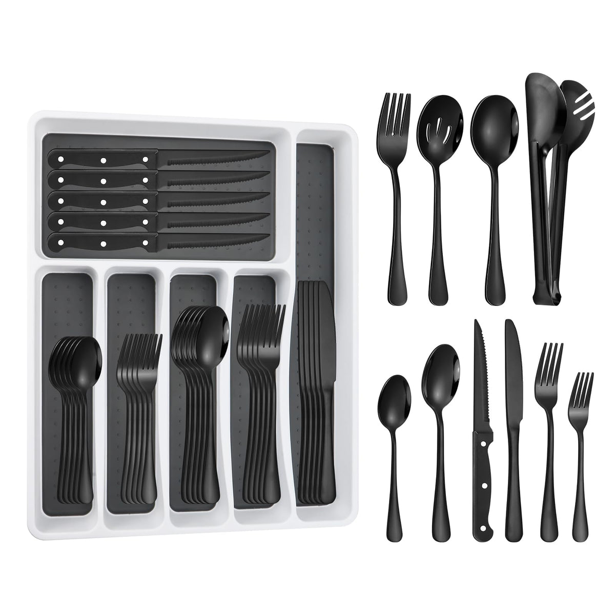 Izurok 53-piece black silverware set with drawer organizer for easy storage