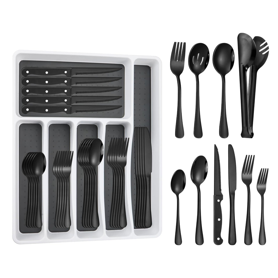 Izurok 53-piece black silverware set with drawer organizer for easy storage