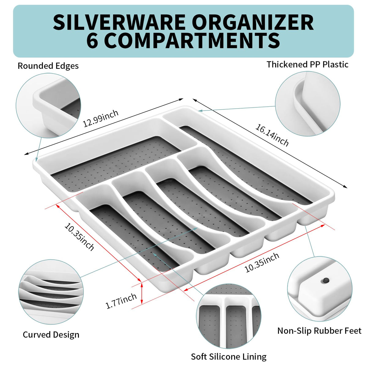 Izurok six-compartment drawer tray keeps knives spoons forks organized.