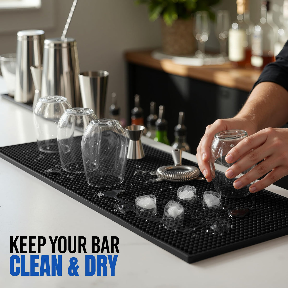 JAANIS bar mats protect countertops from spills and stains.