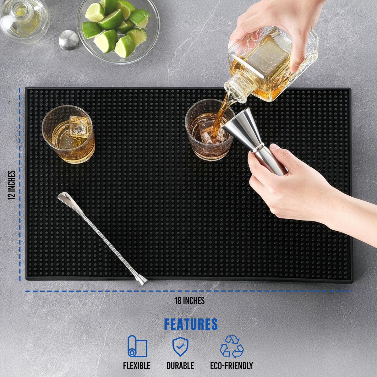 JAANIS bar mats with non-slip grip stabilize wet glassware and tools.