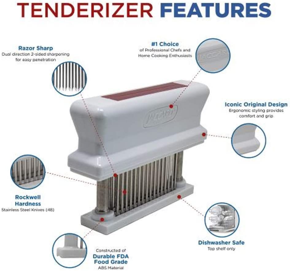 Color coded red Jaccard tenderizer reduces cross contamination in kitchens.