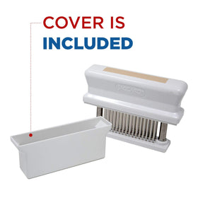 Top-down view of the Jaccard tan tenderizer being used on meat