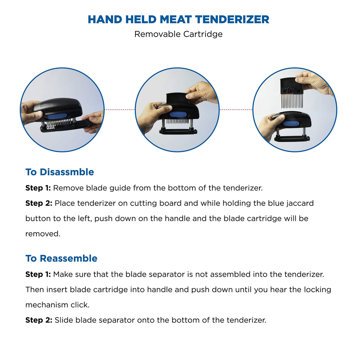 Jaccard tenderizer knife assembly demonstrates double-sided razor-sharp blades.