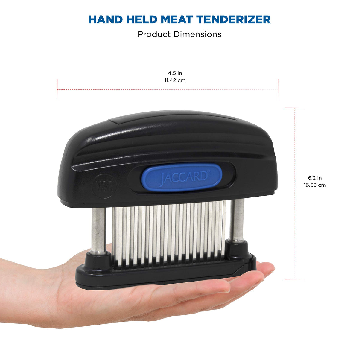 Jaccard 45-Blade Meat Tenderizer with removable cartridge for quick cleaning and maintenance.