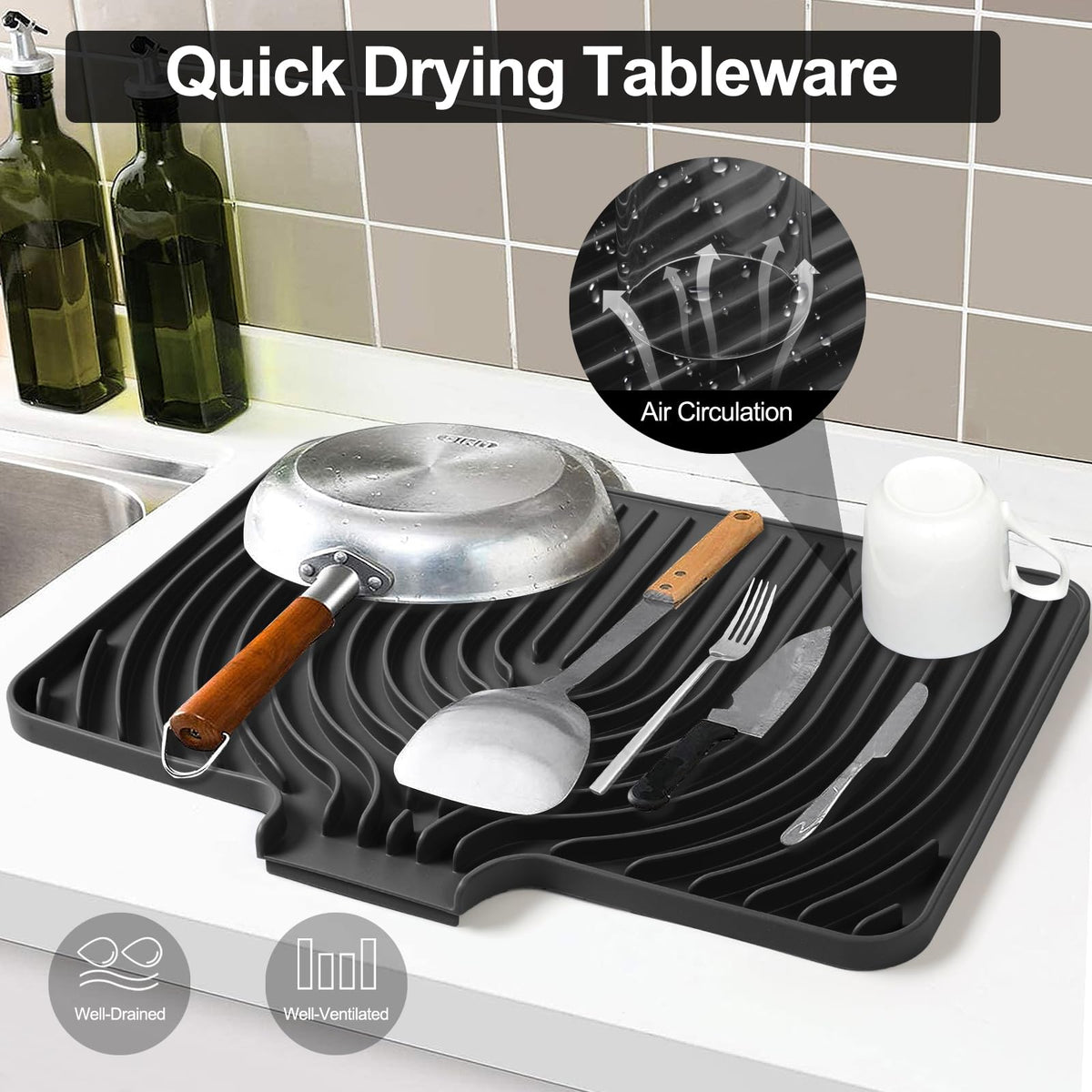 JACZZO anti-slip design keeps dishes stable on the mat during drying.