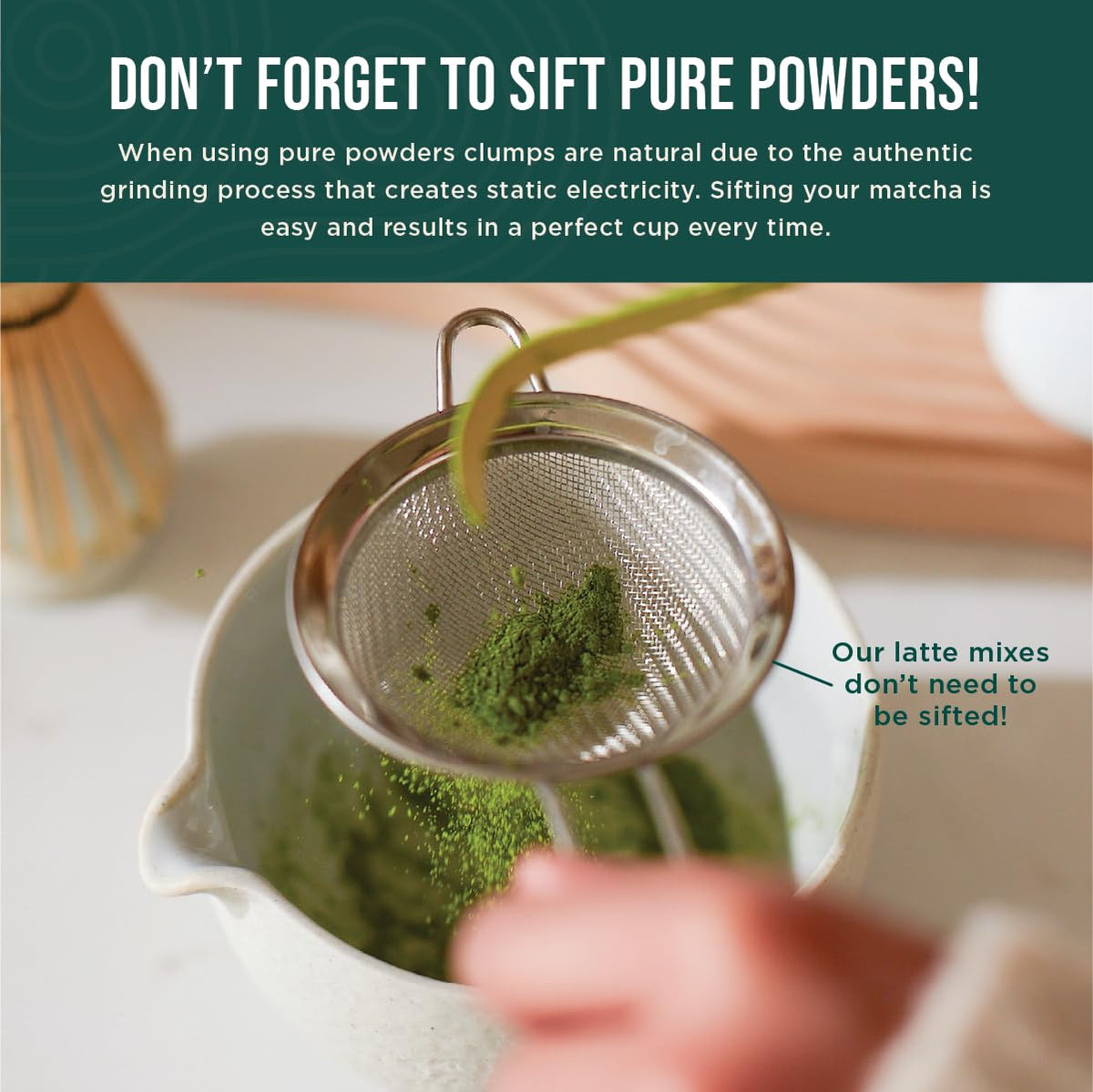 Jade Leaf Matcha stainless steel sifter prevents clumps for consistent powder flow