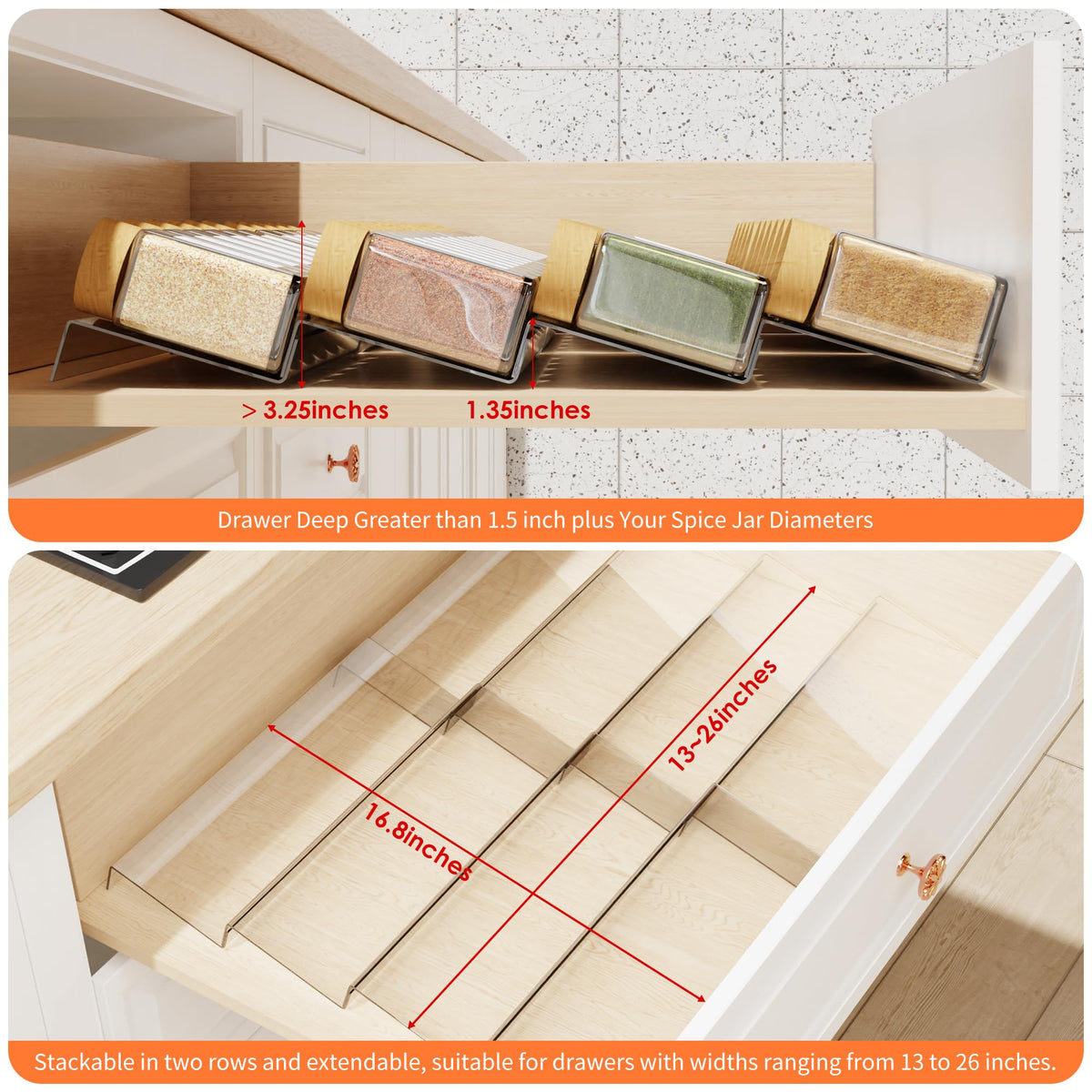 Jadehom in-drawer spice rack helps quickly locate bottles without digging.