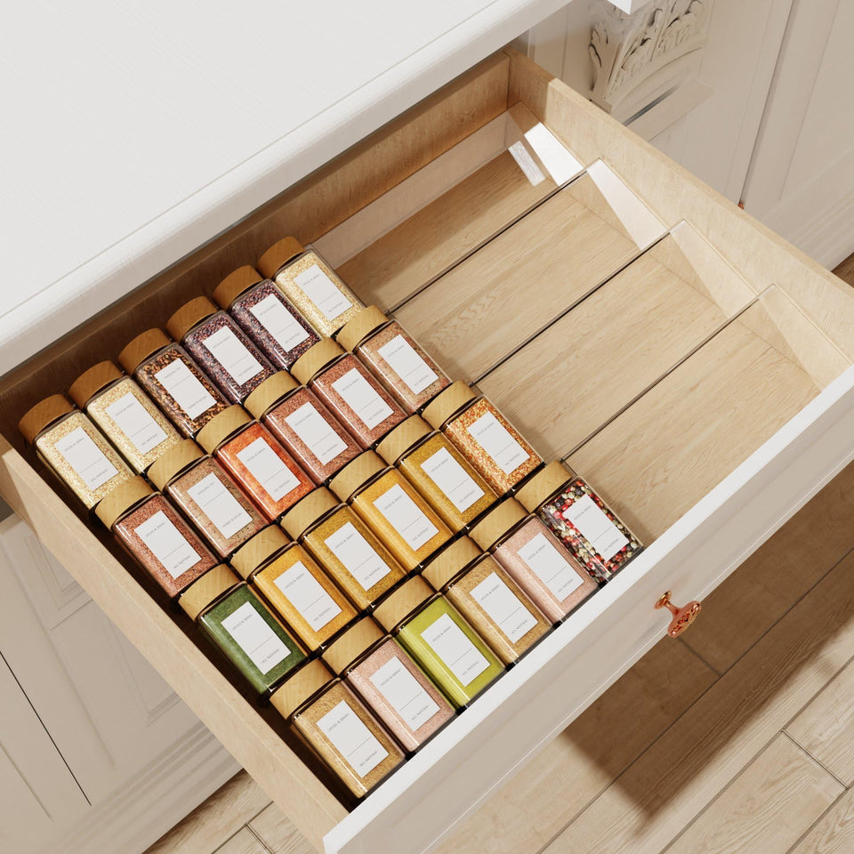 Jadehom spice drawer organizer 4-tier clear acrylic for easy, at-a-glance seasoning access.