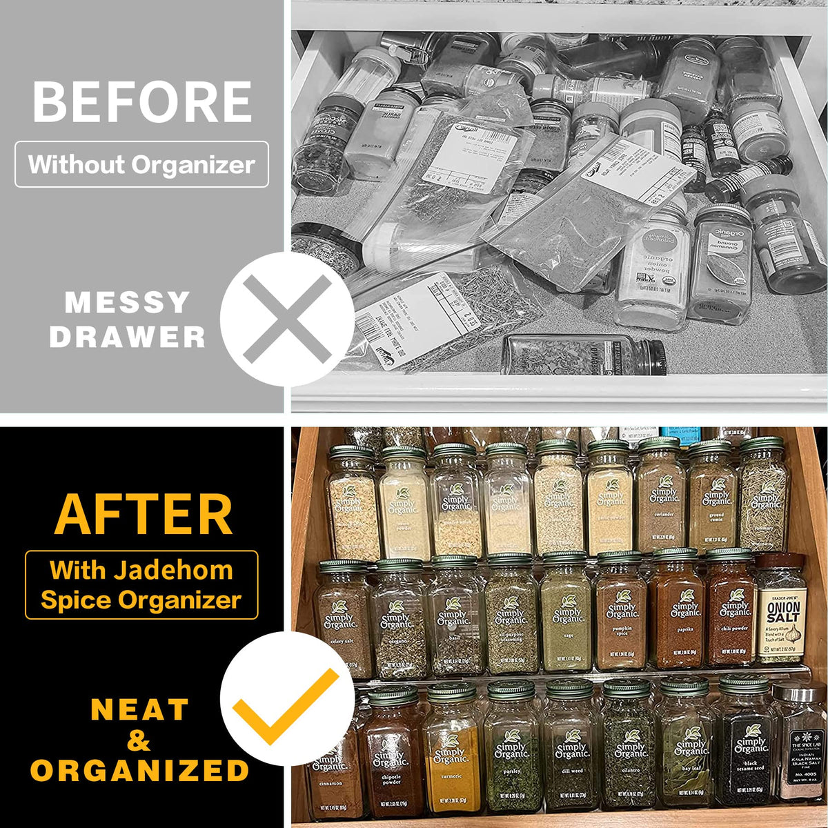 Jadehom spice storage drawer rack maximizes space and reduces clutter.