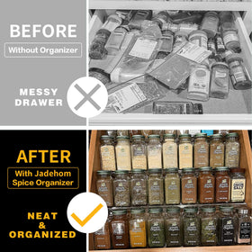 Jadehom spice storage drawer rack maximizes space and reduces clutter.