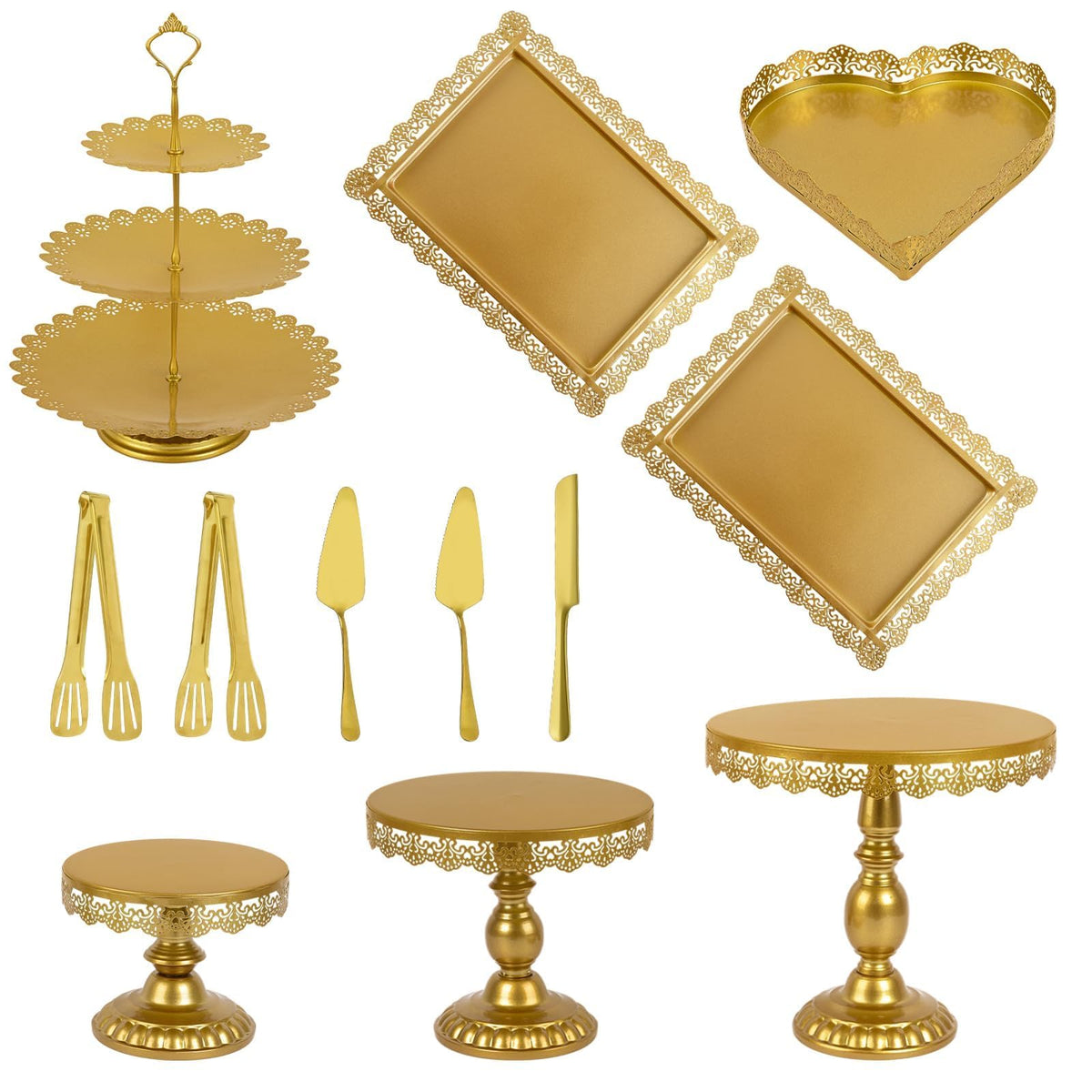 Jaevorite gold cake stand set overview for an elegant dessert display at parties.