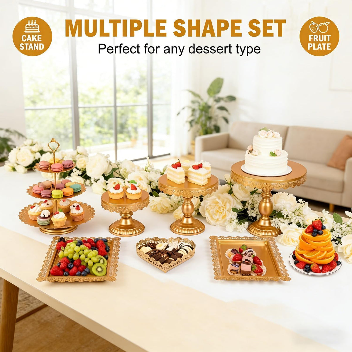 Jaevorite gold cupcake stands provide shimmering focal points.