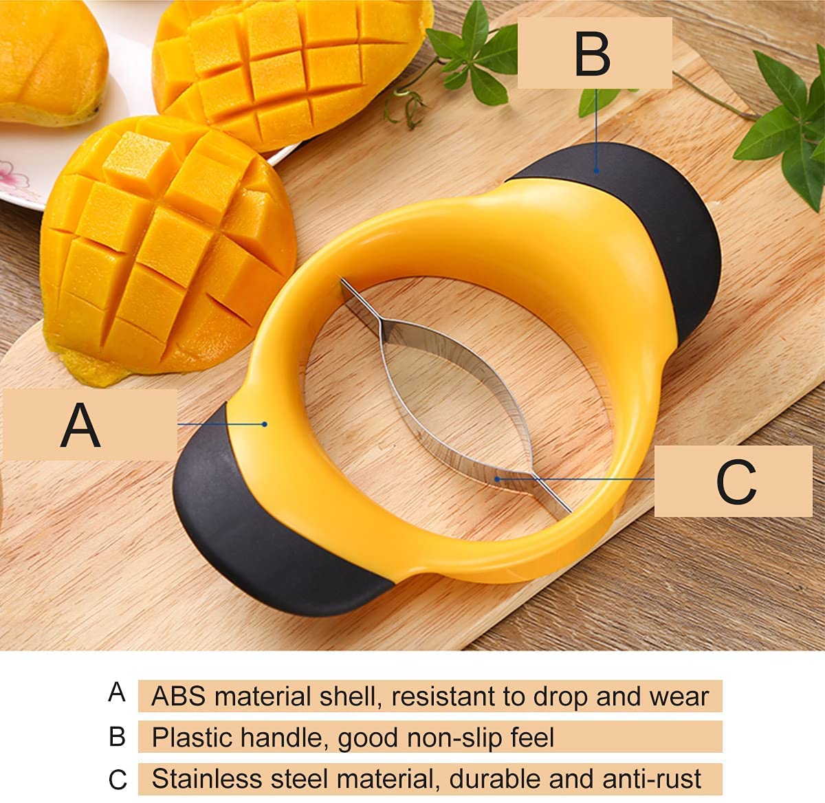 JAKENHAM mango slicer size 7.8 in by 5.3 in for countertops.