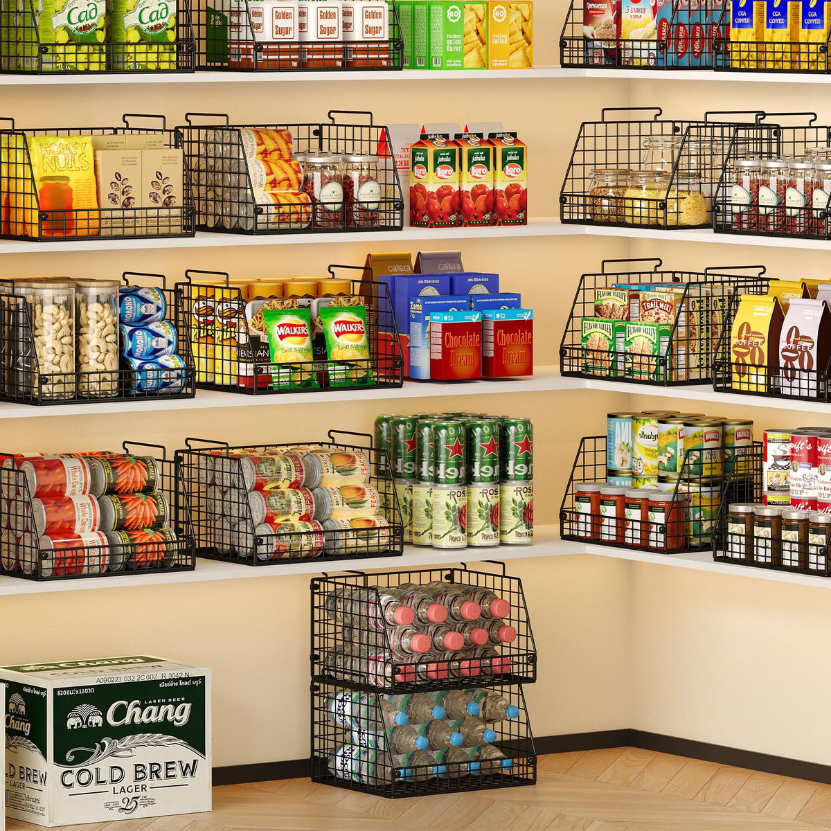 Jakyitvi basket on pantry shelf demonstrates versatile storage for fruits and cans.