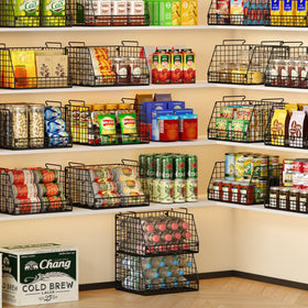 Jakyitvi basket on pantry shelf demonstrates versatile storage for fruits and cans.