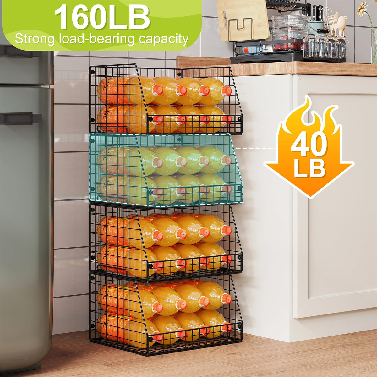 Jakyitvi stackable basket secures items while saving space in the kitchen.