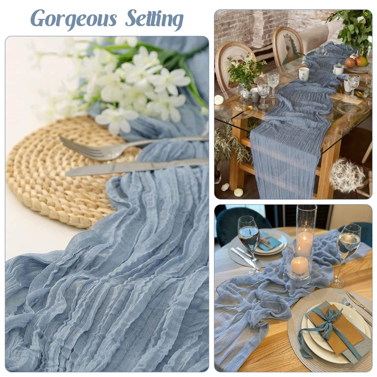 Gift wrapping with JALANCY dusty blue cheesecloth for stylish presents.