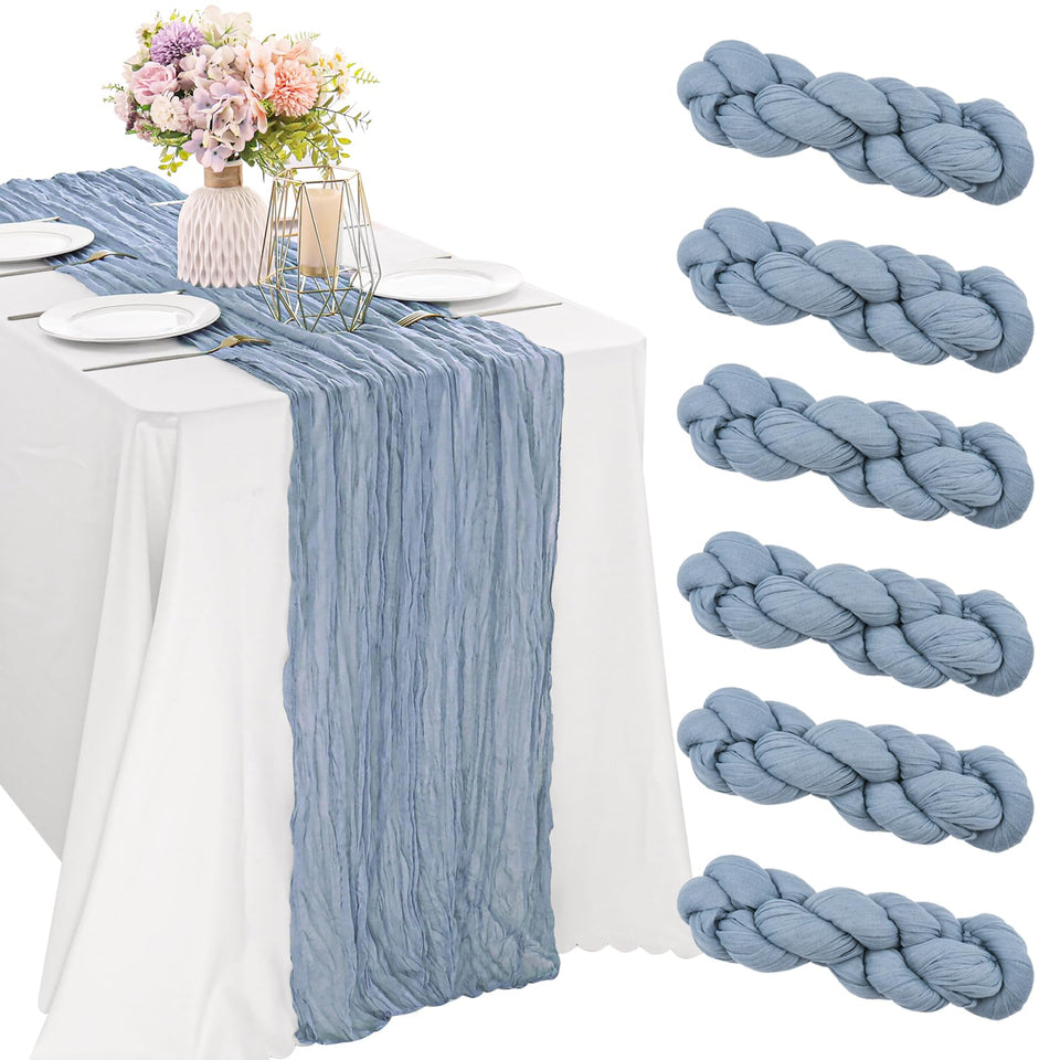JALANCY dusty blue table runner laid across a table for elegant dining.