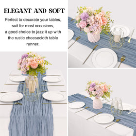 Wedding backdrop drape using JALANCY dusty blue cheesecloth runner.