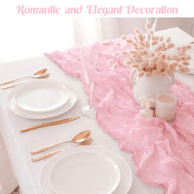 JALANCY pink gauze runner doubles as chic gift wrap accent.