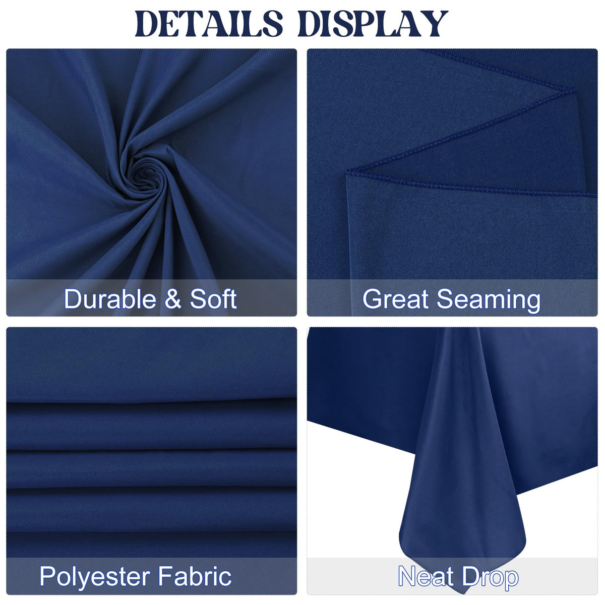 JALANCY navy tablecloth showing neat hemmed edges