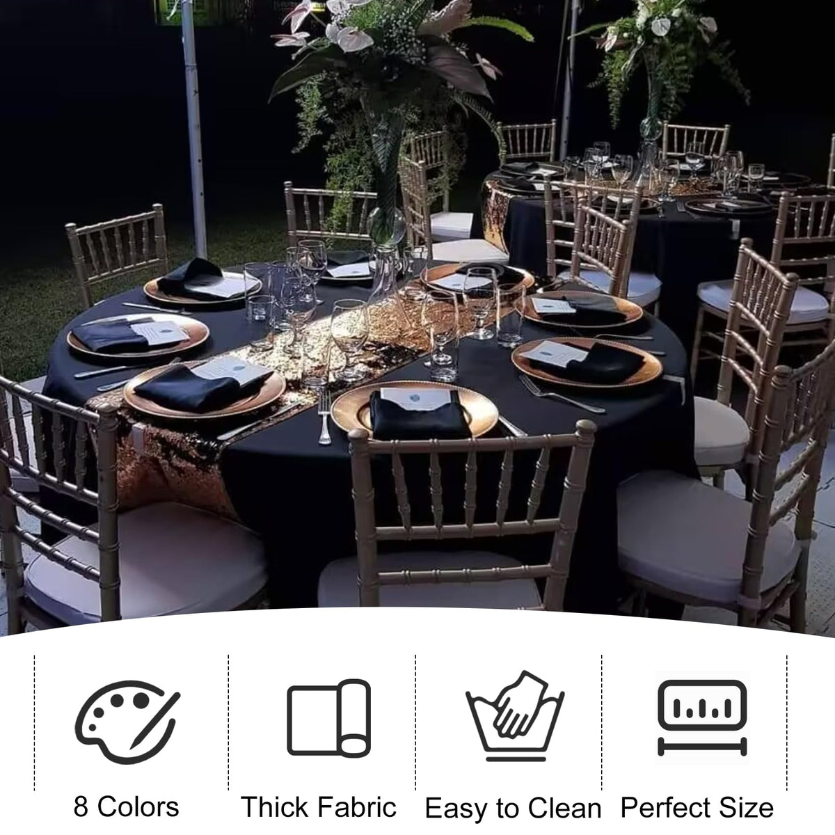 JALANCY black tablecloth drape and sheen for elegant setting