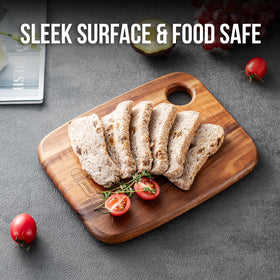James.F acacia board knife-friendly surface protects blades during prep