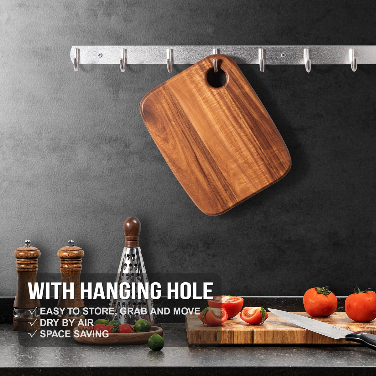 Medium James.F acacia cutting board 14.2 by 11 inches for everyday tasks