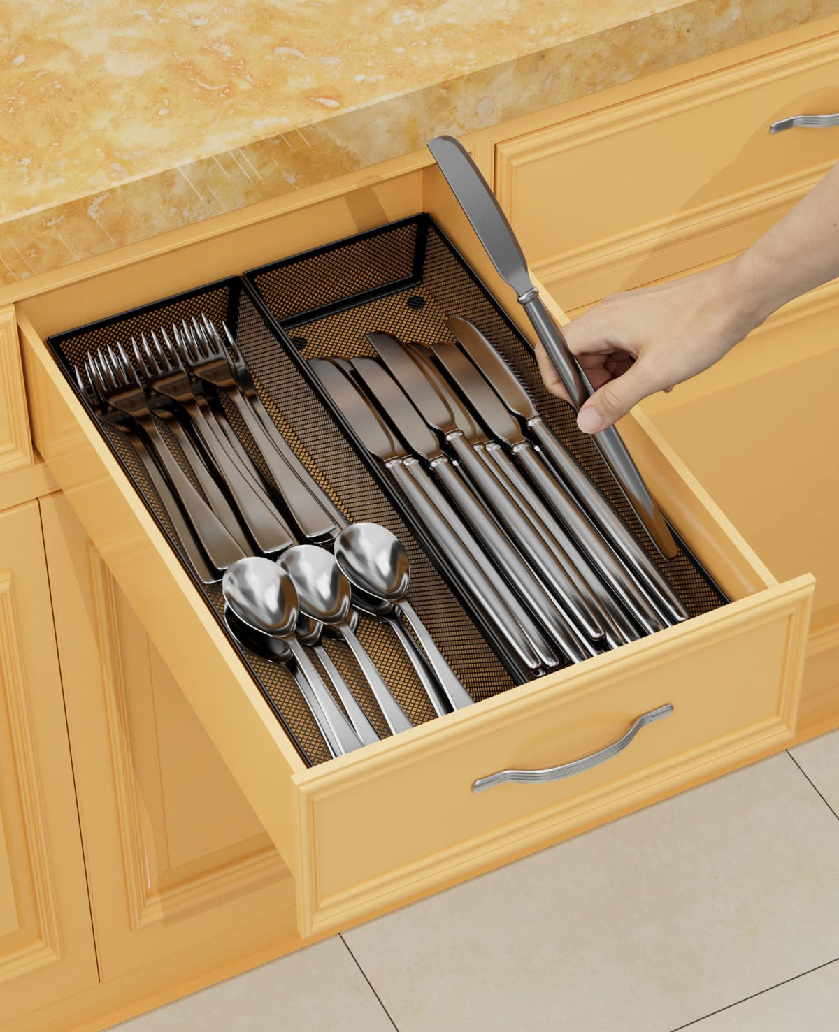 Jane Eyre metal drawer organizer highlighting carbon steel construction for durability