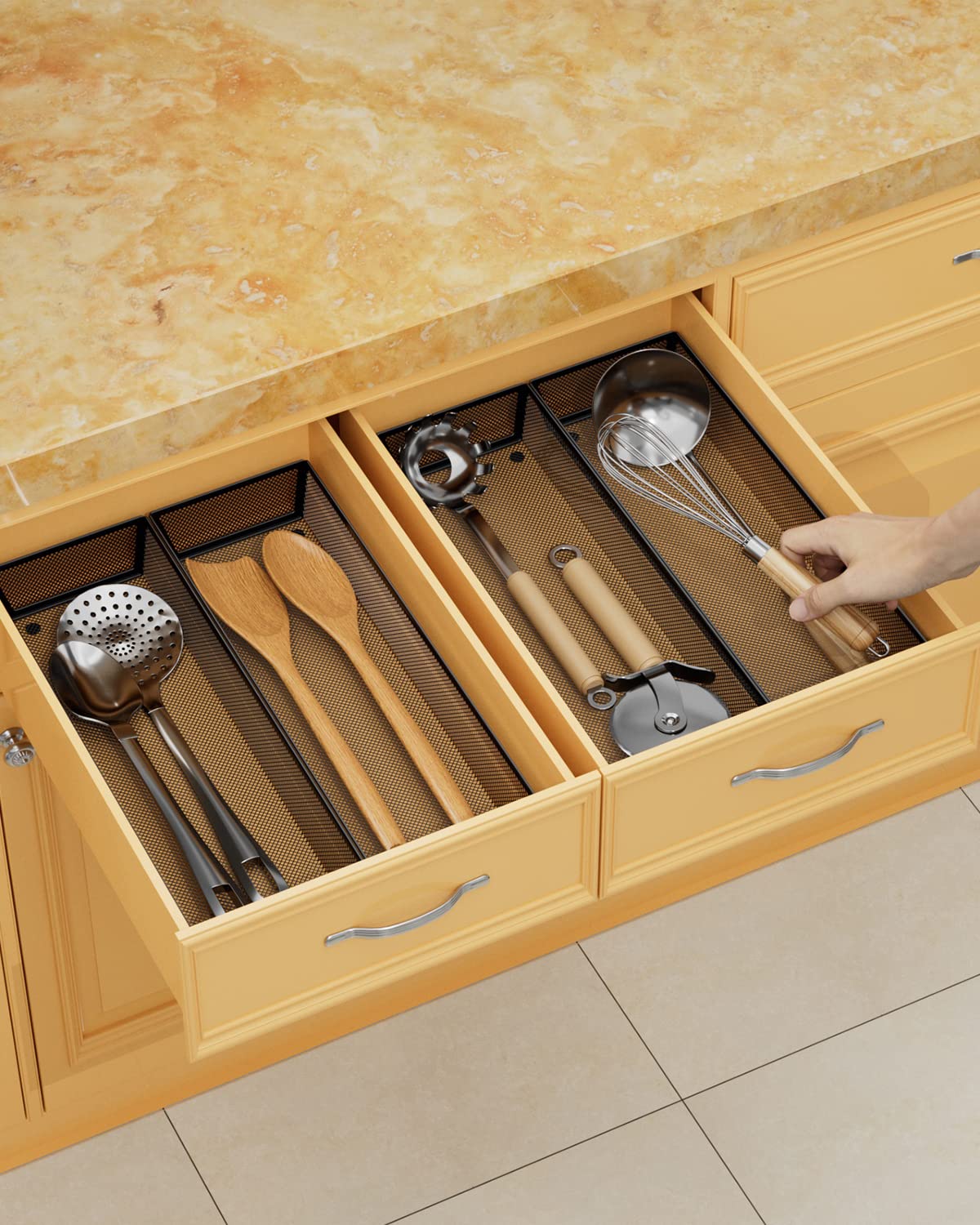 Jane Eyre silverware drawer organizer top view demonstrates sturdy construction for long-lasting use