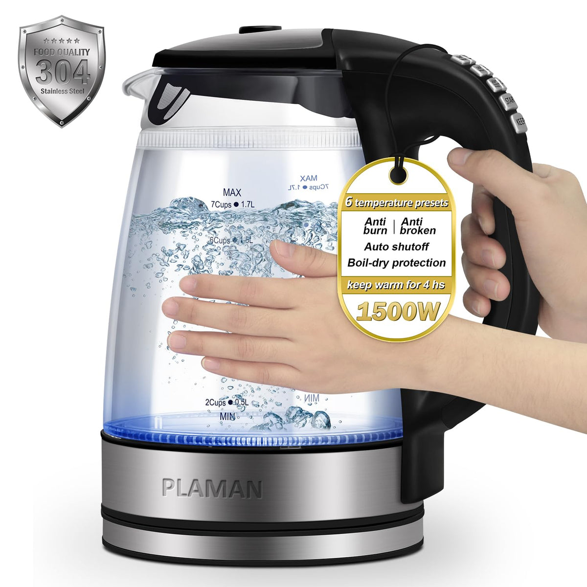 JaneHome 1500W kettle with glass chamber for pure-taste brews.
