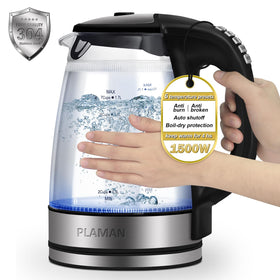 JaneHome 1500W kettle with glass chamber for pure-taste brews.