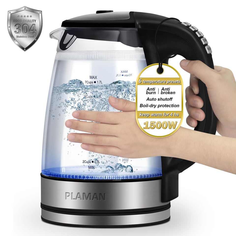 JaneHome 1500W kettle with glass chamber for pure-taste brews.