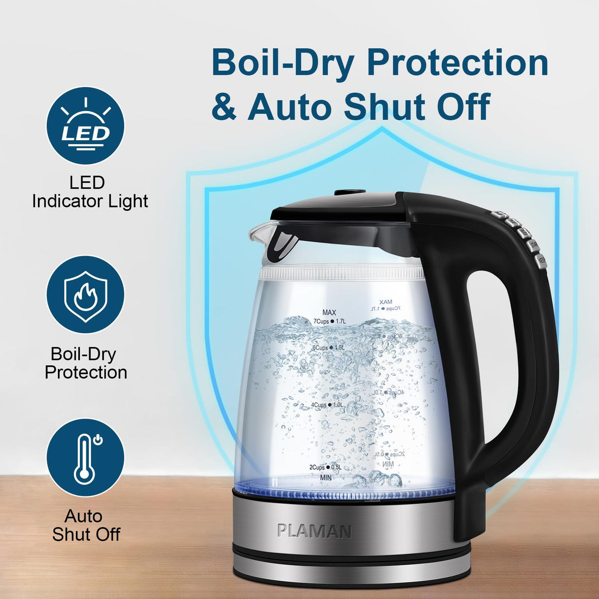 JaneHome safety features include auto shut-off and boil-dry protection.