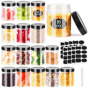 Janisfirst 16oz clear jar with black lid demonstrates airtight storage for dry foods.