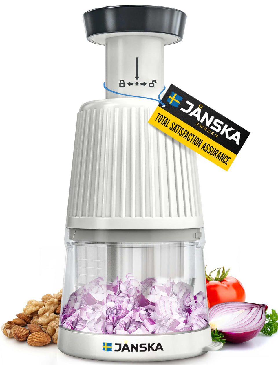JANSKA UltraChop push chopper blades deliver fast, even cuts for vegetables and herbs.