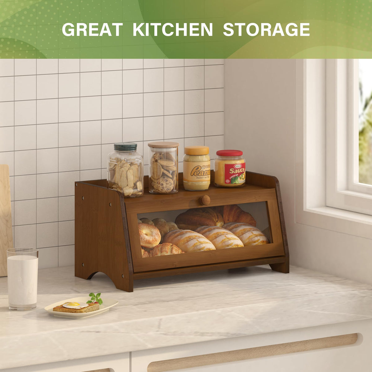 Multifunctional storage suitable for bread, pastries, fruits, and bowls.