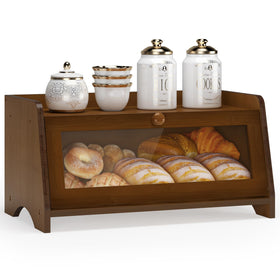 JANSNIMEN bamboo bread box with window sits on a kitchen counter, showcasing its natural grain.