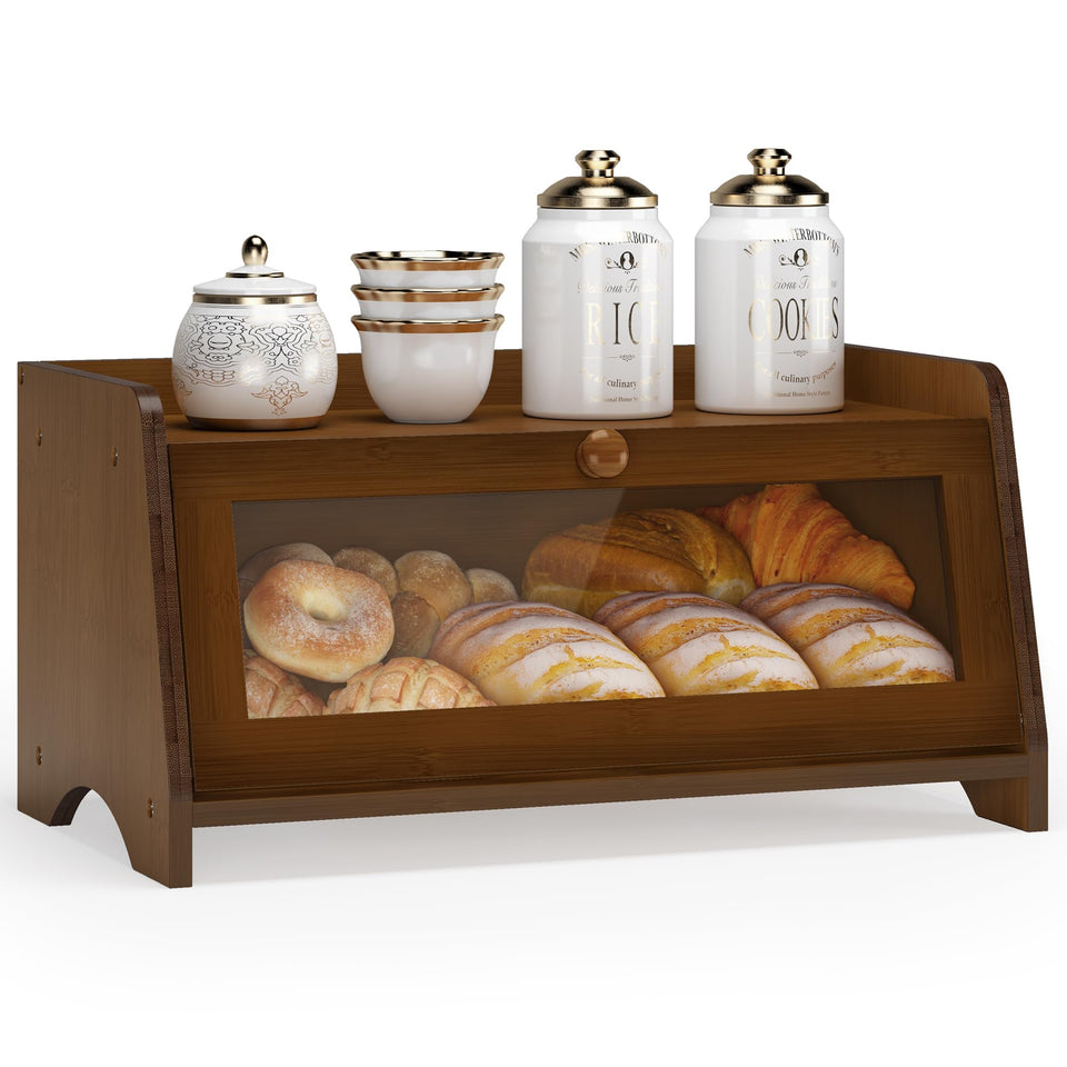 JANSNIMEN bamboo bread box with window sits on a kitchen counter, showcasing its natural grain.