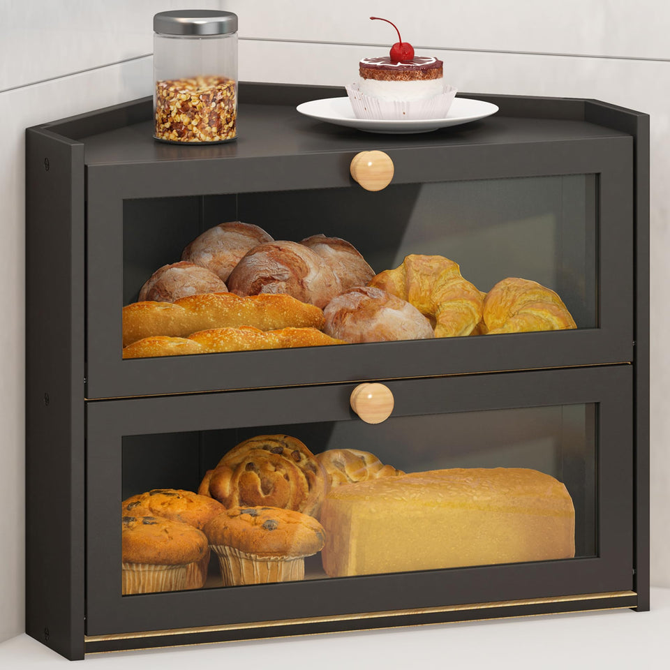 JANSNIMEN black corner bread box with window for easy viewing and freshness