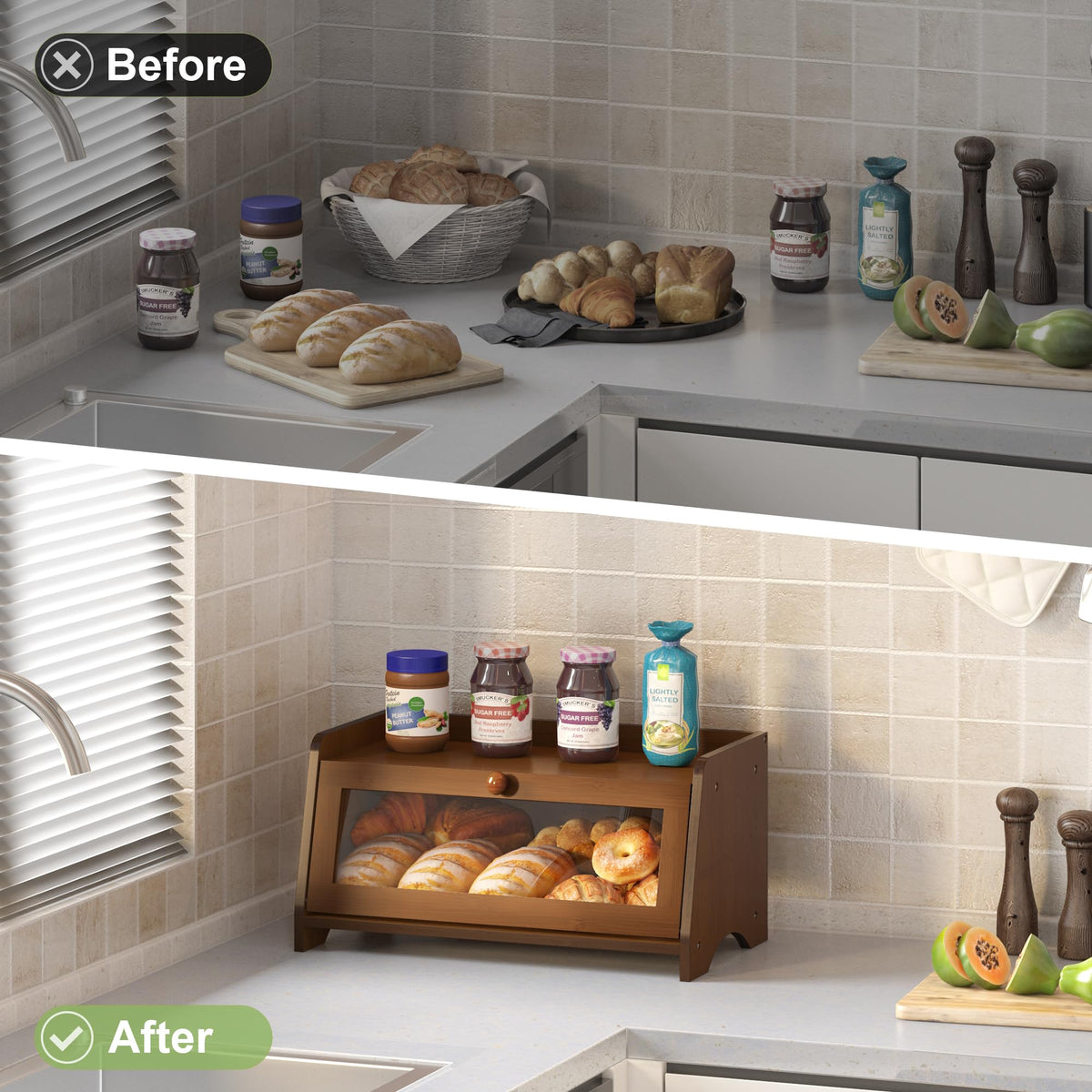 Farmhouse style bread box adds warmth to kitchen décor.
