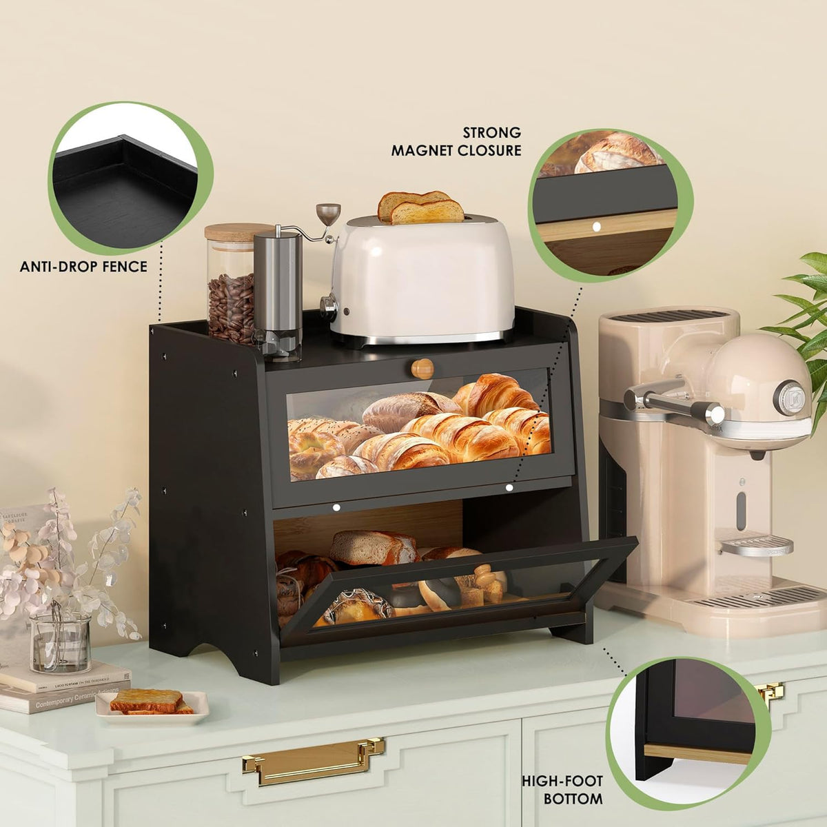 JANSNIMEN spacious interior fits bread, pastries, and small kitchen items.