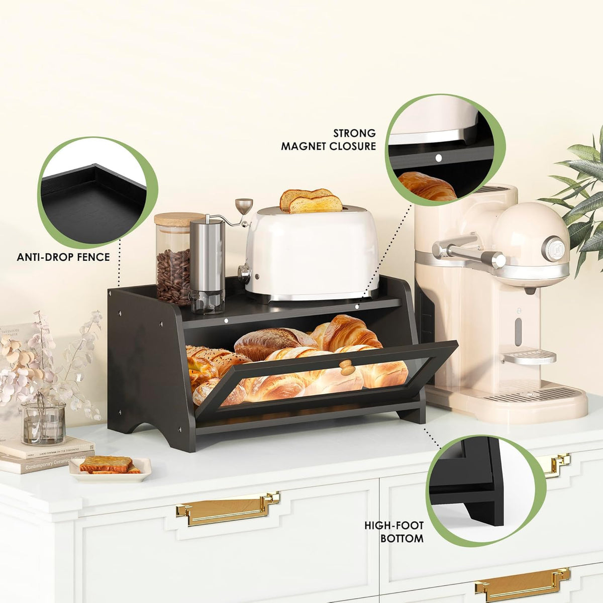 Top shelf on JANSNIMEN bread box provides extra prep space.
