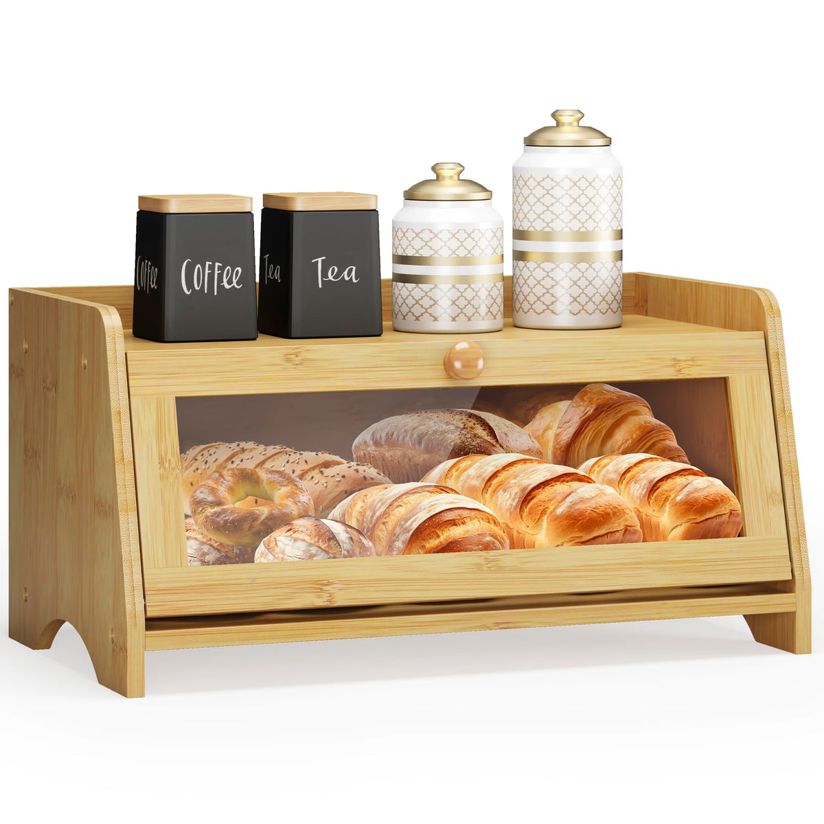 Jansnimen bread box with window showing contents and preserving freshness.