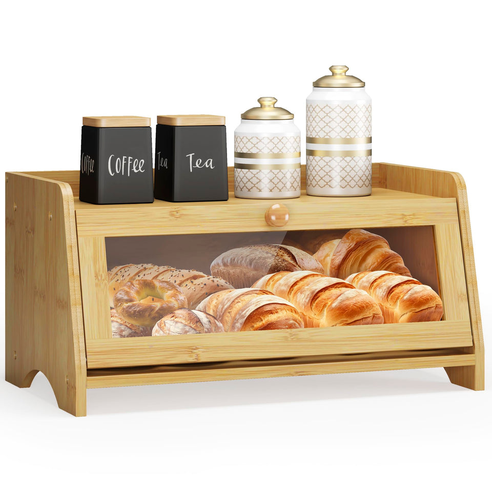 Jansnimen bread box with window showing contents and preserving freshness.