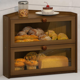 JANSNIMEN corner bread box in bamboo material offering ample storage.